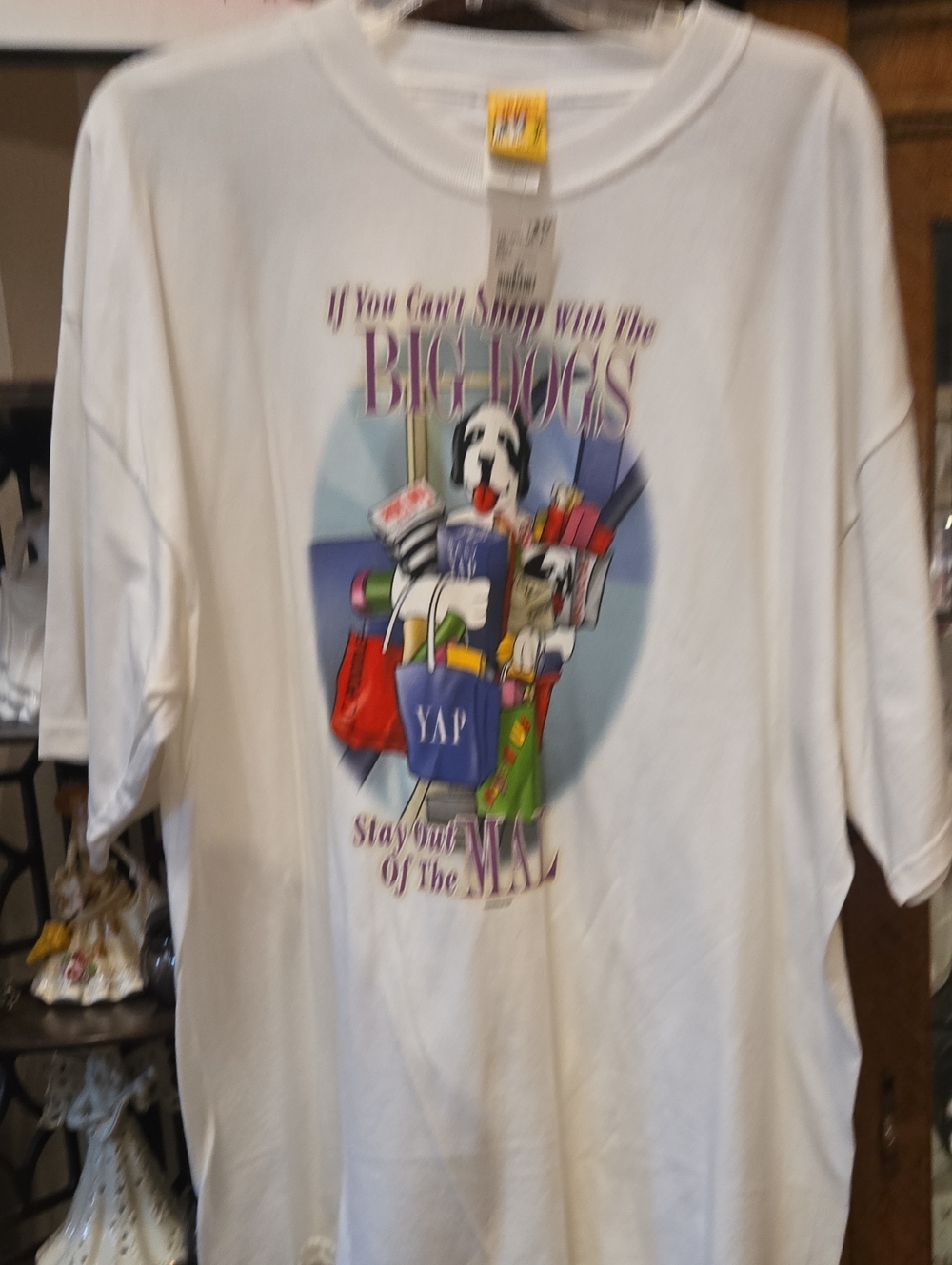 Big Dogs White Short Sleeve Tee with Colorful Shopping Dog Print